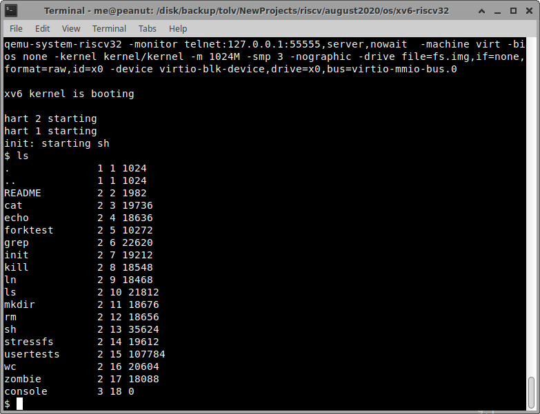 xv6-rv32 running in qemu